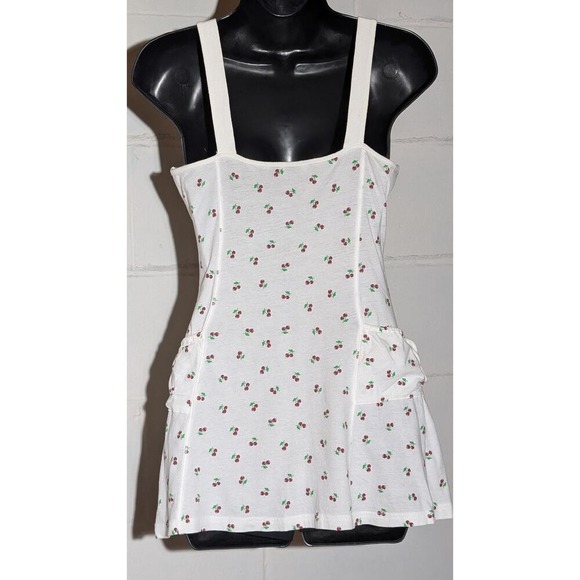 White Cherry Print Long Tank Top Sleeveless Pockets Summer Blouse Medium - Picture 3 of 4